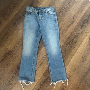 Levi's High Rise Raw Hem Straight Kick Flare Crop Jeans Medium Blue